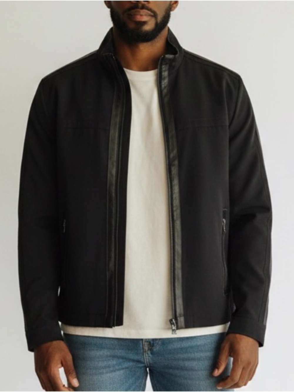 CALVIN KLEIN BLACK ZIP FRONT LEATHER TRIM JACKET MENS SZ LARGE